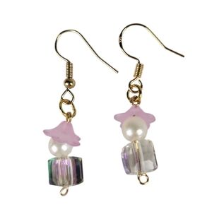 18k Gold Plated Frosted Acrylic Flower Beads Pink Pearl Dangle Earrings